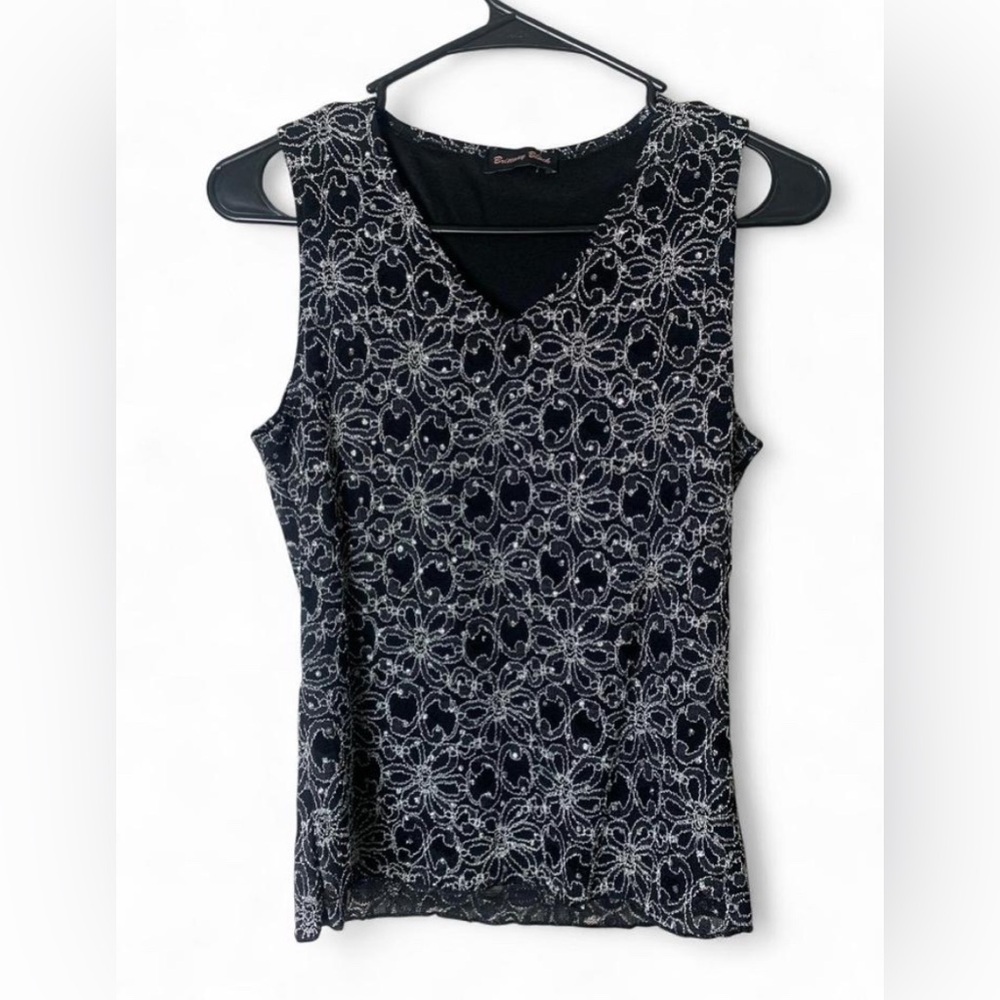 Brittany Black Vintage Silver Sparkle Floral V-Neck Tank Top Small Deadstock